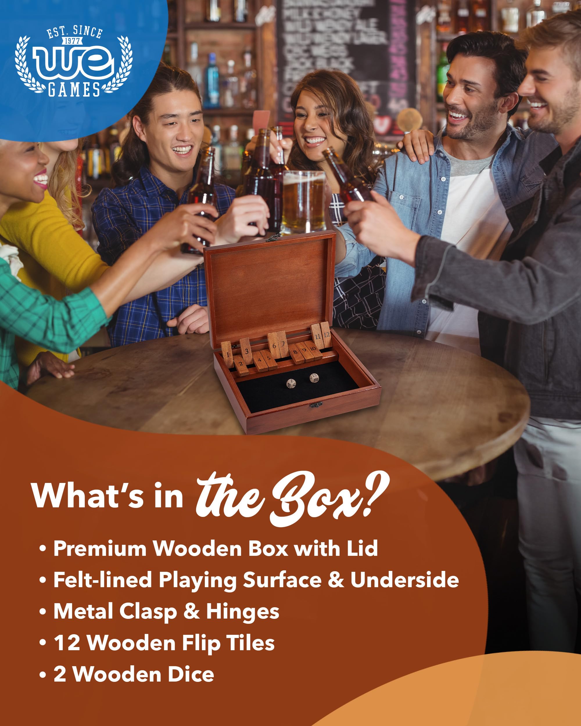 WE Games Shut-The-Box Board Game in Wooden Box with Dice