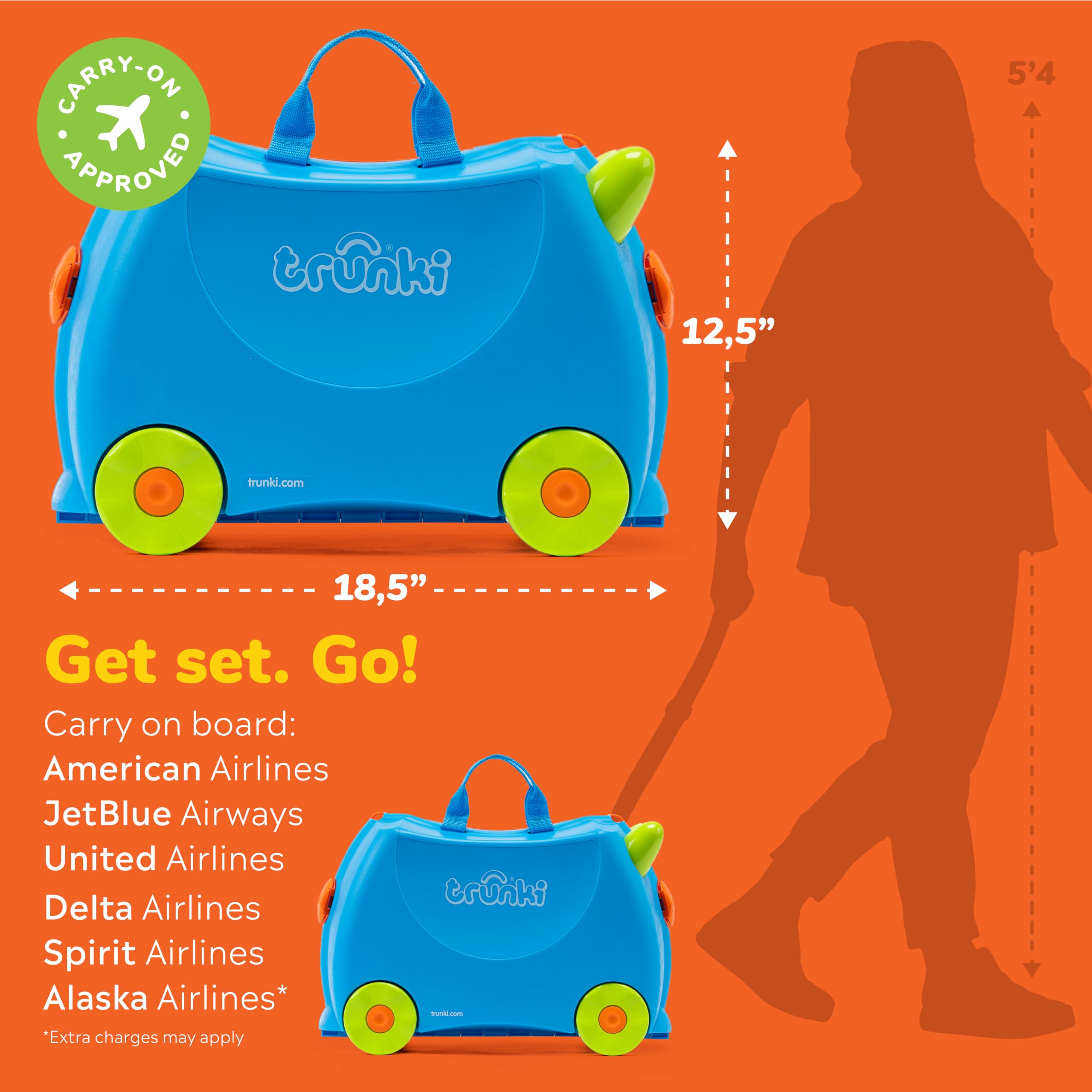 Trunki Ride-On Kids Suitcase | Tow-Along Toddler Luggage | Carry-On Cute Bag with Wheels | Kids Luggage and Airplane Travel Essentials: Terrance Boy Blue