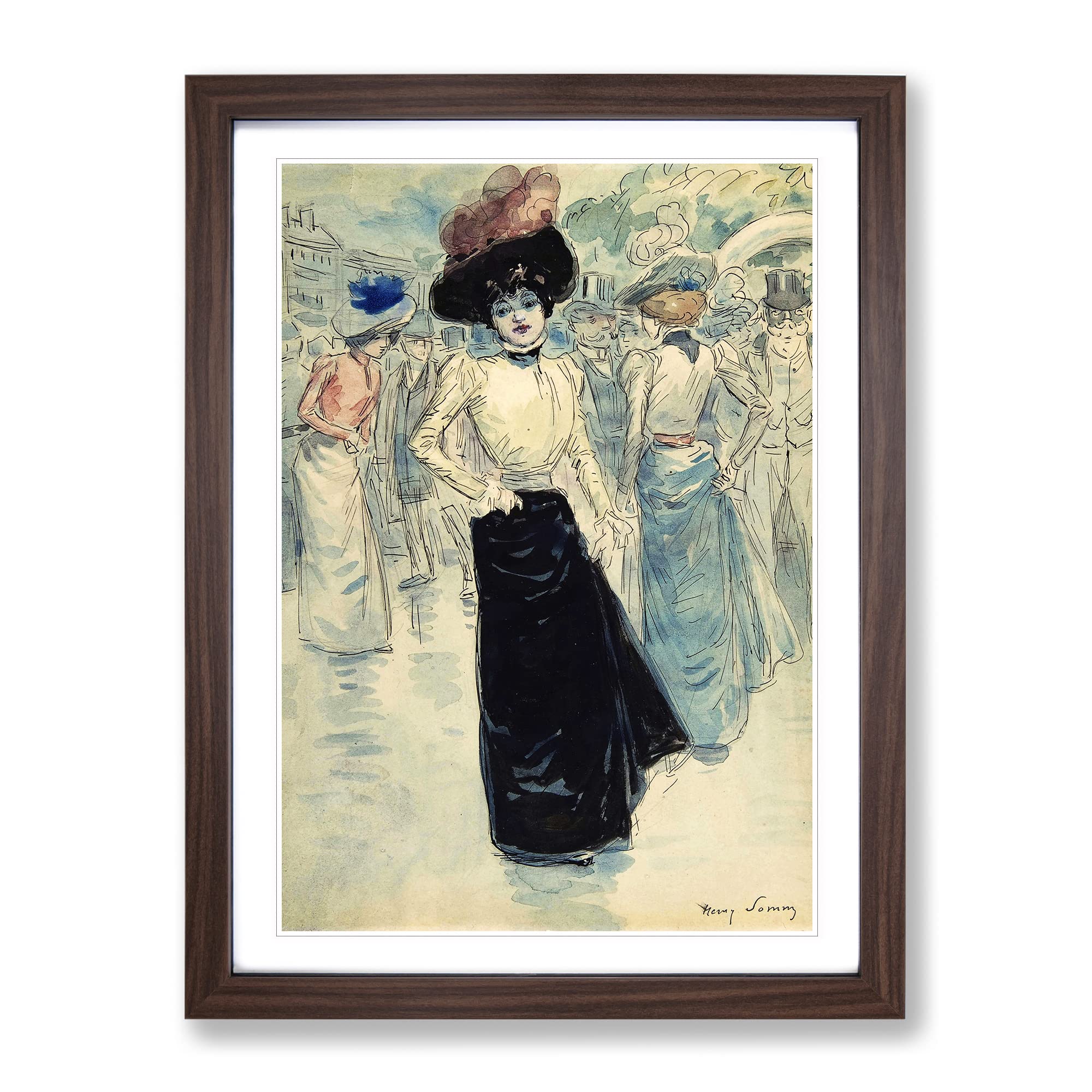 Henry Somm Woman On Paris Street Classic Painting Framed Wall Art Print, Ready to Hang Picture for Living Room Bedroom Home Office Décor, Walnut A4 (34 x 25 cm)
