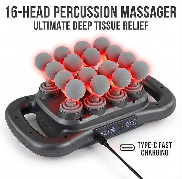 BEAUTI4U 16 HEAD DEEP TISSUE MASSAGER WITH RED LIGHT THERAPY, MULTI HEAD MASSAGE GUN, 9 SPEEDS & 9 MODES, TYPE-C RECHARGEABLE FULL BODY BACK MASSAGER, KNOT BUSTER 2.0 MUSCLE MASSAGE TOOL