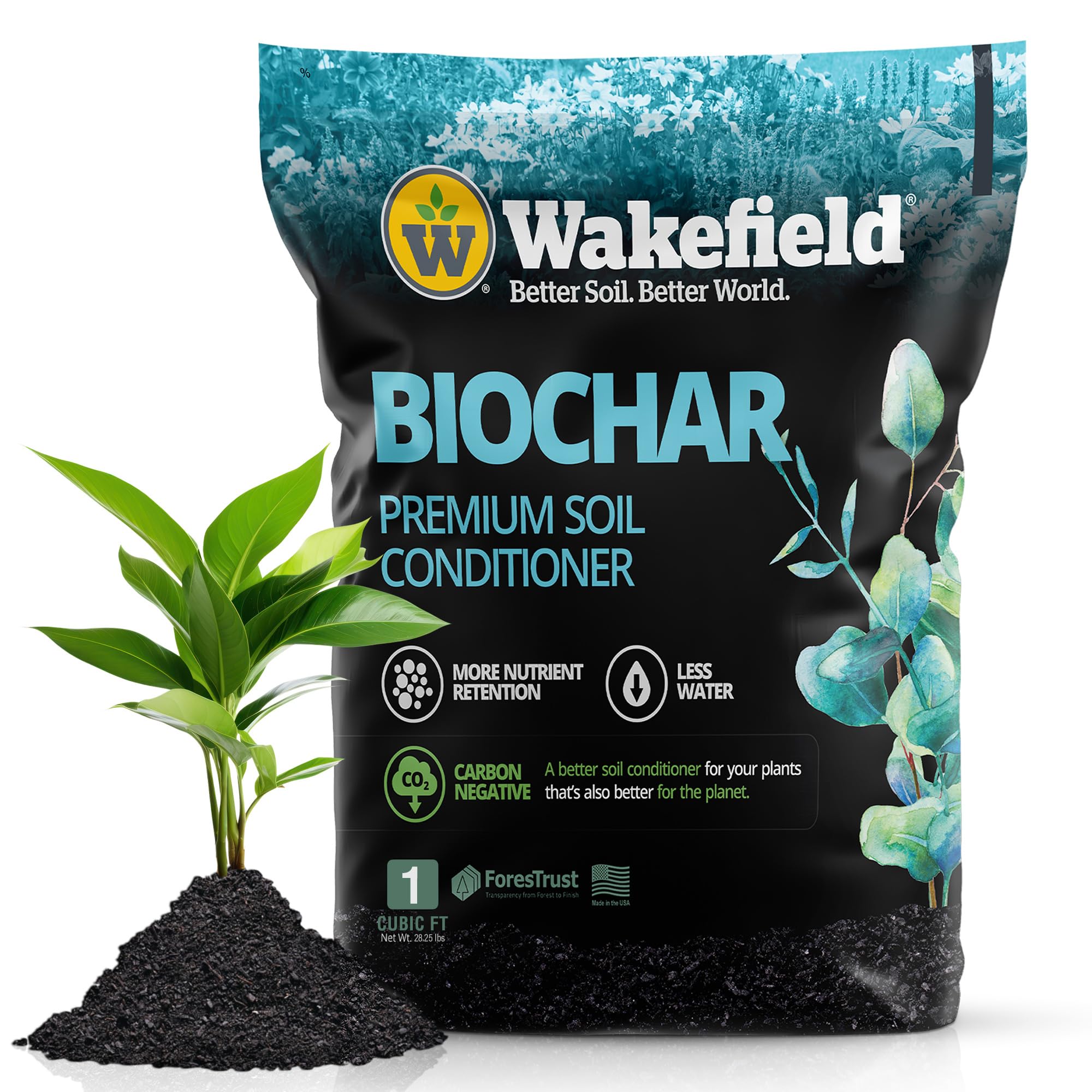 Wakefield Premium Organic Biochar Soil Amendment & Soil Conditioner – Certified Carbon-Negative Nutrient-Locking, Water-Efficient Bio Char for Plants & Lawns - Soil Amendments for Lawn - 1 CF Image