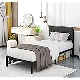 Likelalaso Twin XL Bed Frame with Upholstered Headboard, 12 inch Twin XL Metal Bed Frames, Steel Slat Support, Noise Free, No Box Spring Needed, Easy Assembly, Black