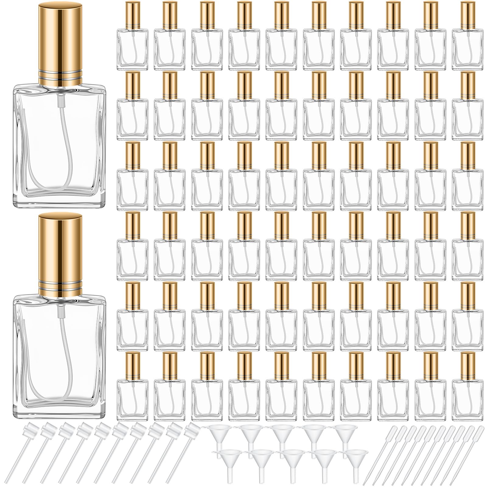 Photo 1 of Domensi 60 Pcs 10/15/30/50 ml Glass Perfume Bottles Mini Glass Empty Spray Atomizer Bottles Bulk Refillable Perfume Dispenser Container with Pump Tool for Travel Skin Care (15 ml,Gold)