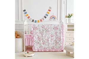 UOZZI BEDDING 3 Pieces Pink Rose Flowers Crib Bedding Set Baby Ruffled Quilted Comforter with Fitted Sheet and Bed Skirt - Cute Ruffled Shabby Chic Baby Girls Bedding Soft Blanket Floral Design