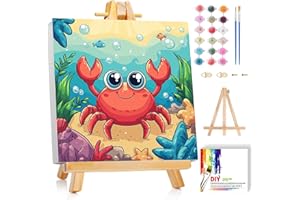 Gemozaic Paint by Numbers Kit for Kids with Frame and Easel, Cute Crab Kids Paint by Number on Canvas for Age 4-8, 8x8 Inch