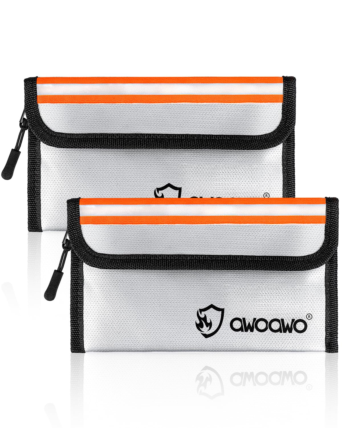 Pack of 2 Fireproof Bags with Reflective Strips, 20 x 13 cm, Practical Small Fireproof Money Bag for Documents, Cash and Valuables, 5200°F Heat-Resistant, Waterproof, Silver