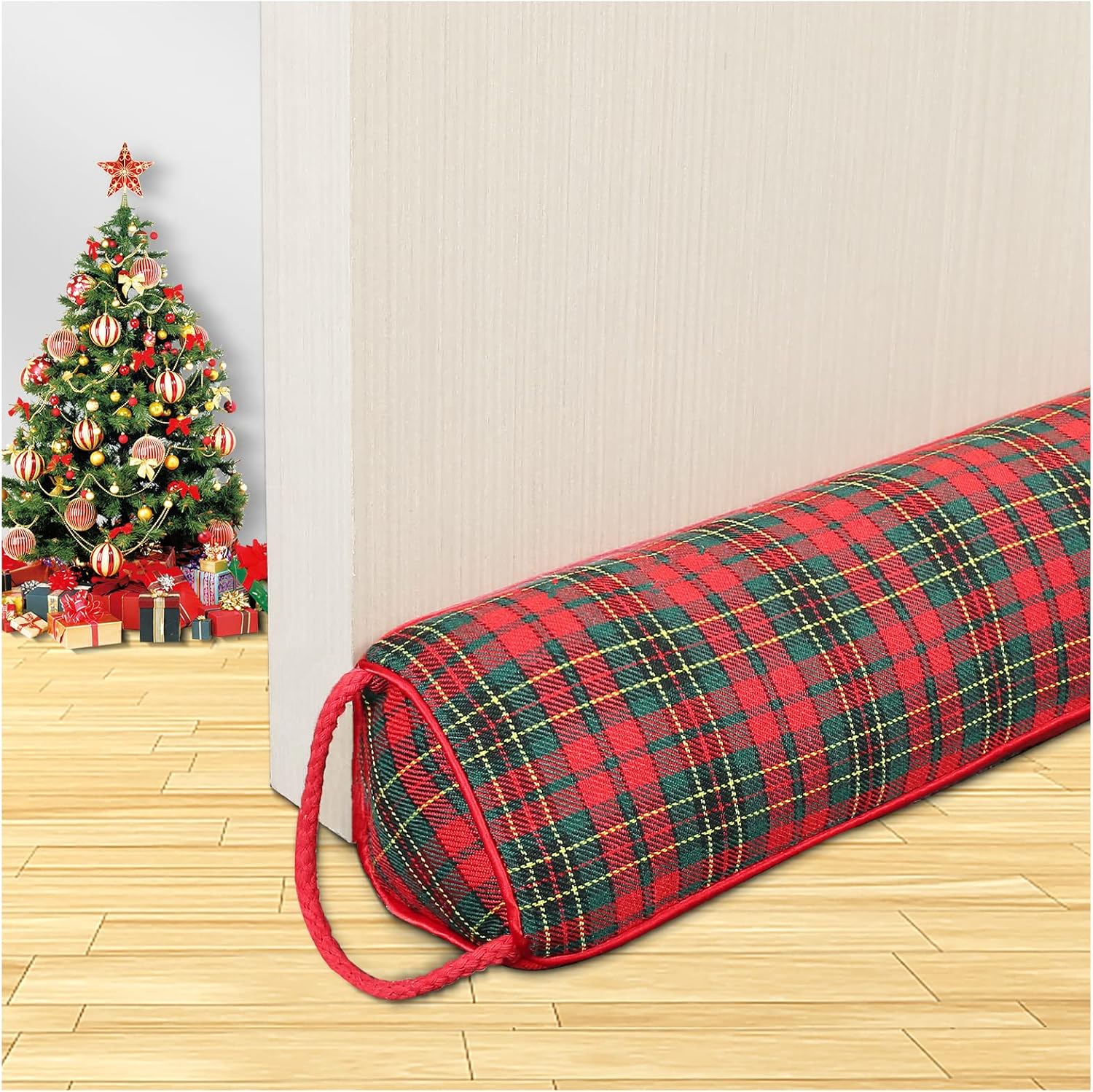 Draft Stoppers - Triangle Under Door Draft Stopper Noise Blocker 38 Inches for Door Bottom Air Seal Insulation and Soundproof, Heavy Duty Weather Guard Snake Stripping, Tartan Check Red Green