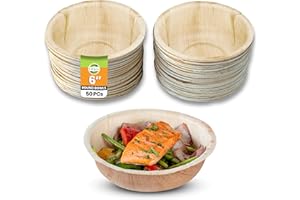 RAJ UNIQUE COLLECTION Raj Disposable Palm Leaf Bowls (50 Count, 6" Bowls) Strong Bowl Like Bamboo Party Bowl - Decorative Compostable Tableware for Lunch, Dinner, Birthday, Outdoor, BBQ, Picnic, Parties