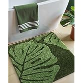 DEXI Bathroom Rug Non Slip, Washable Bath Mat Absorbent, Soft Microfiber Bathmat Monstera Deliciosa Embossed Leaf Carpet for Shower Floor, Square 24x24,Green