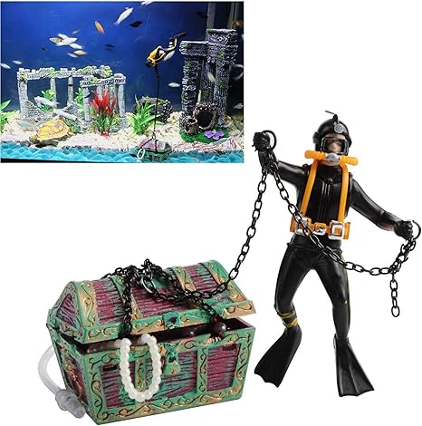 Bestgle Action Aquarium Ornament Undersea Treasure Chest Diver