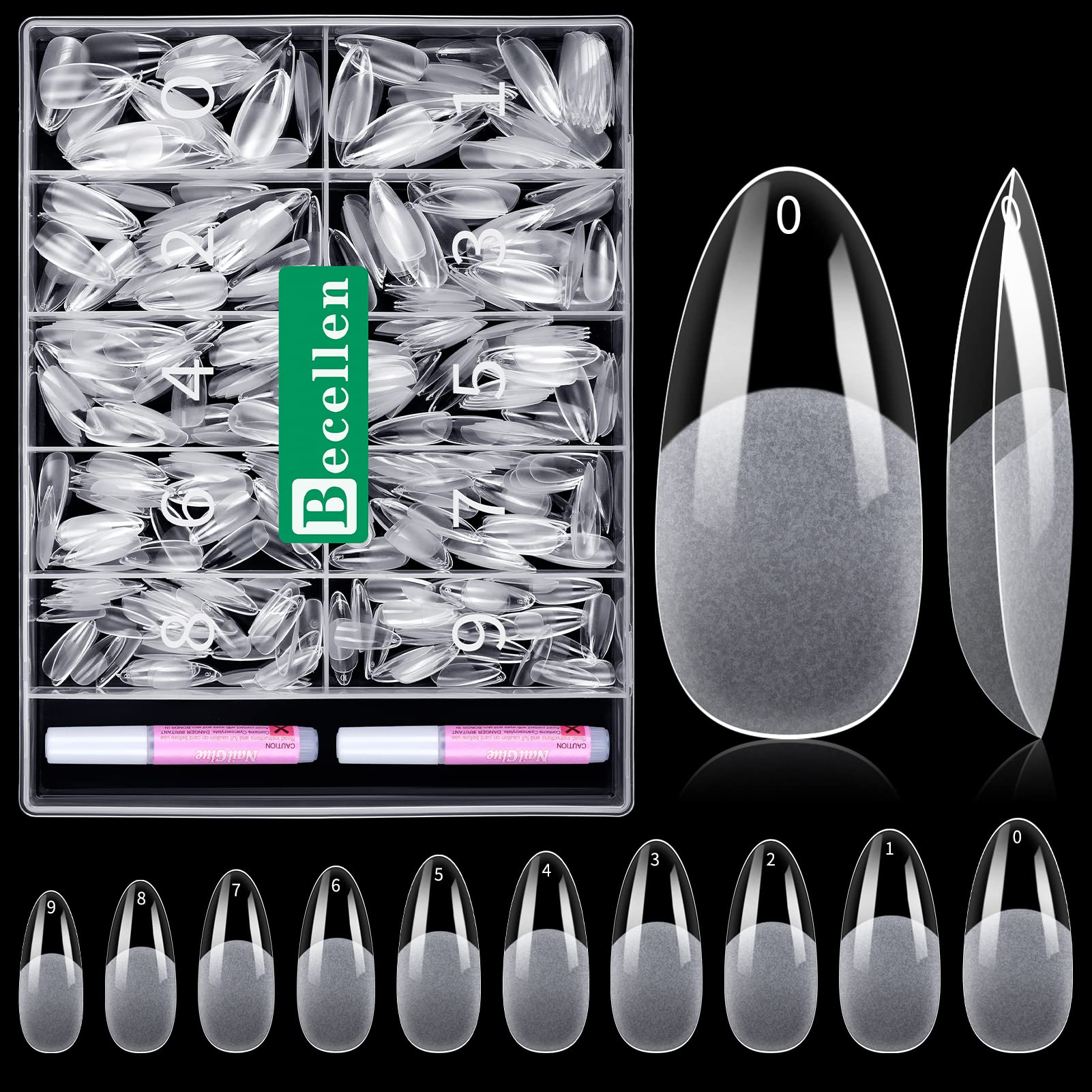 Becellen 500pcs Almond Nail Tips, Full Cover Soft Gel False Nail Tips Clear Press on Nails for Nails Extensions Nail Art Salons, 10 Sizes