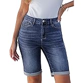 luvamia Bermuda Jean Shorts for Women Knee Length High Waisted Trendy Cuffed Hem Long Stretchy Denim Shorts Summer Jorts