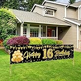 Happy 16th Birthday Banner Decorations for Boys Girls, Black Gold 16 Birthday Signs Party Supplies, Sweet 16th Birthday Party Decor for Outdoor Indoor