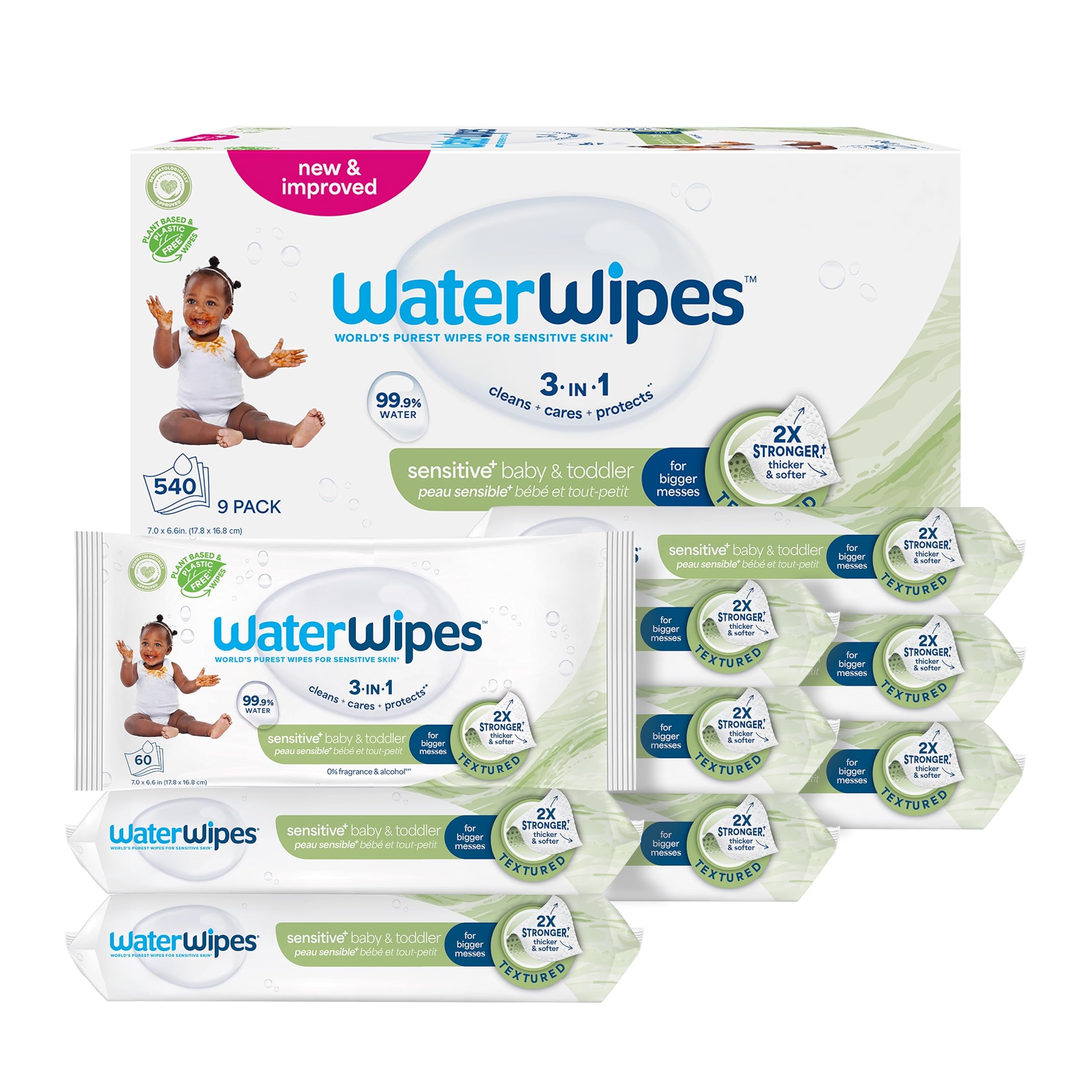 Photo 1 of WaterWipes Sensitive+ Baby & Toddler Wipes, 3-In-1 Cleans, Cares, Protects, 99.9% Water, Textured Clean, Unscented & Hypoallergenic, 540 Count (Pack of 9)