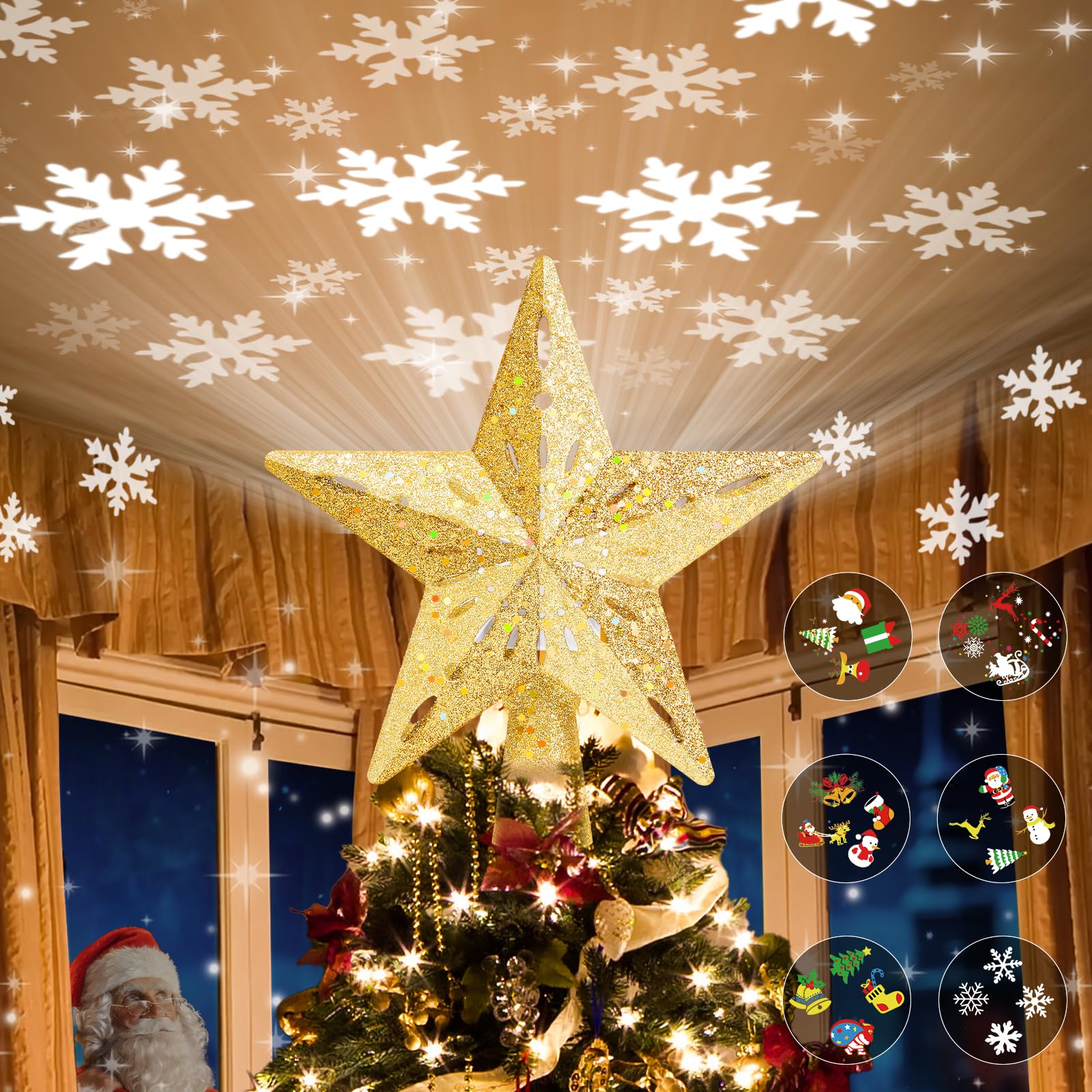 Photo 1 of Christmas Tree Topper Lighted with 6 Projection Modes,Christmas Star Tree Topper Built-in LED Rotating Projector Lights 3D Sparkling Christmas Tree Decorations for Xmas Party Holiday Decor(Golden)