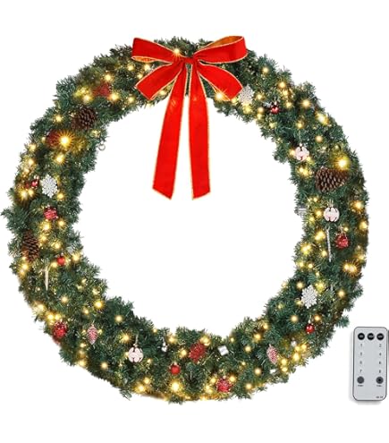 Couronne De Noel Lumineuse Couronne De Noël Lumineuse à DEL à Suspendre Au Mur | Couronne De Noël Pré- éclairée à Piles (Rattan Et Feuilles De Pin Blanches Neigeuses, 30 Cm Avec