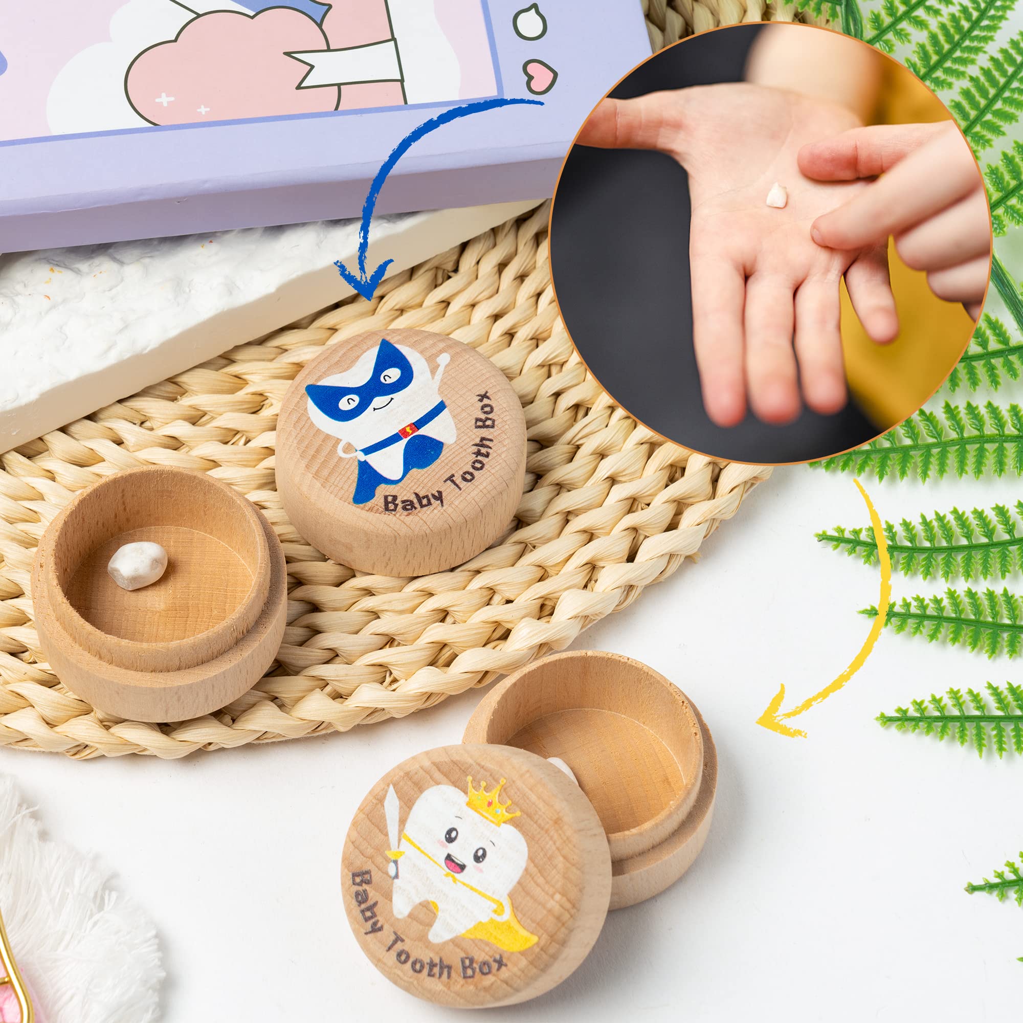 2Pcs Colorful Tooth Fairy Box for Boy Wooden Tooth Fairy Keepsake Box to Place Under Pillow Cute Lost Tooth Holder Milk Teeth Container Box Baby Toddler Teeth Case for Baby Shower Birthday Gift