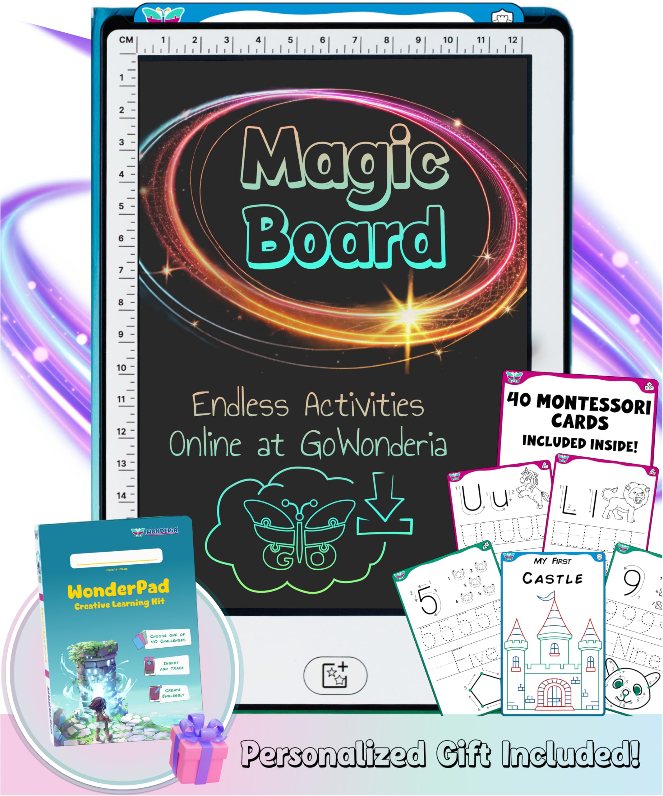 WonderPad - Kids Writing Board, Trace, Learn & Play LCD Board for Children 8.5 Inch, 40 Montessori Cards, Drawing Tablet, Educational STEM Toy, Endless Resources Included - Ideal for Kids Ages 4-10