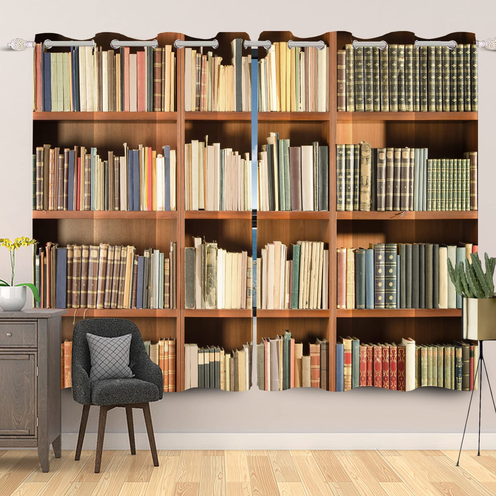 SDOTPMT Western Classic Books Window Curtain Vintage Library Bookshelf Kids Education Window Drapes Retro Bookcase Curtains for Study Room Classroom Decor Blackout Curtains 46x54inch, 2 Panels