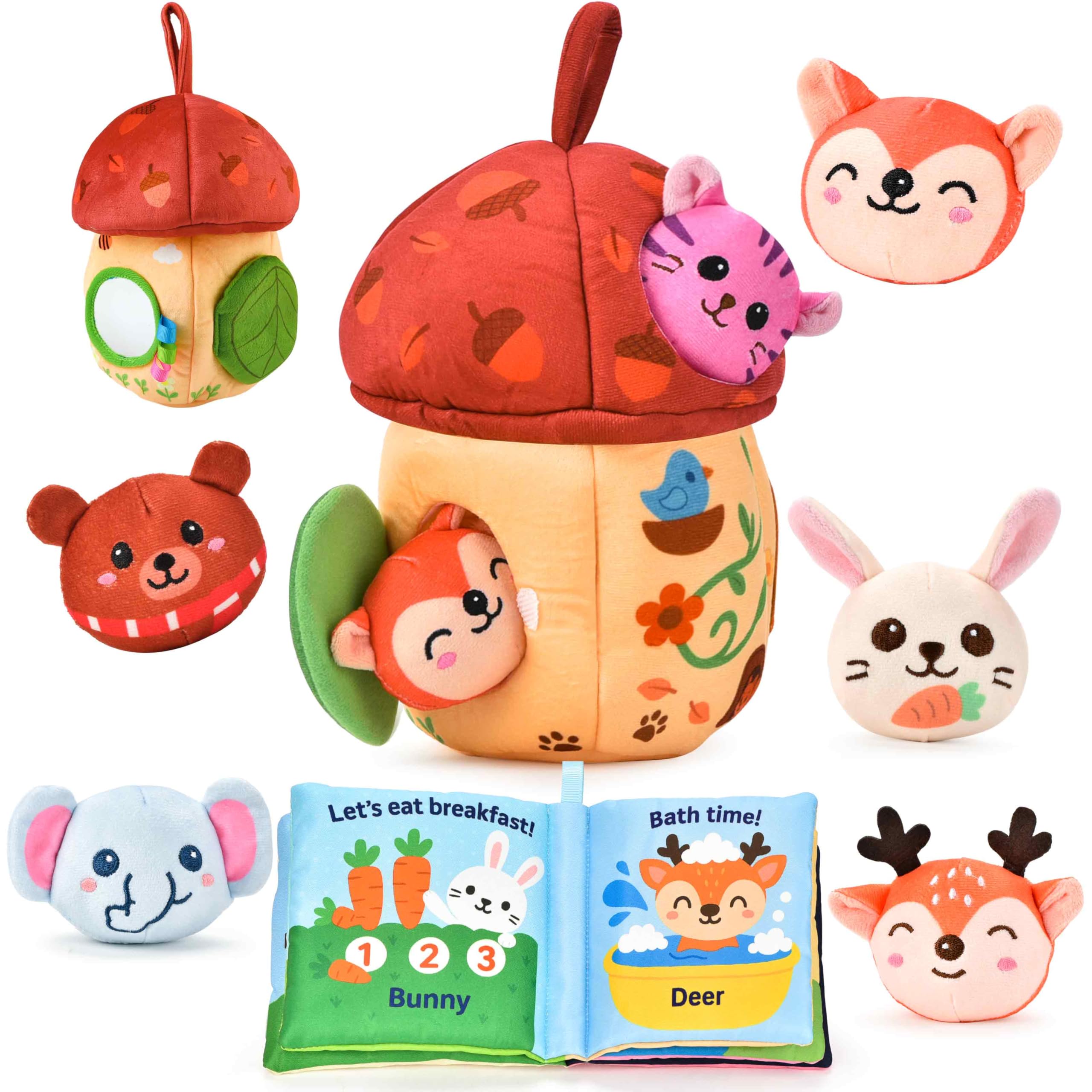 Baby Toys 6–12 Months, Plush Animal Baby Toy with Acorn House & Cloth Book, Interactive Sensory Toy with Crinkle & Mirror, Montessori Early Learning Toy for 1 Year Old, Travel Gifts for Boys Girls