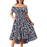 Pinup Fashion Plus Size Summer Dresses - Off Shoulder Ruffle Boho Casual High Low Smocked Dress with Pockets