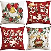 Artscope Christmas Oh Holy Night Merry Bright Jesus Wreath Throw Pillow Covers 18x18 Inch Set of 4, Winter Hoilday Christmas Decoration Pillow Cases for Home Sofa Couch Decor-Red