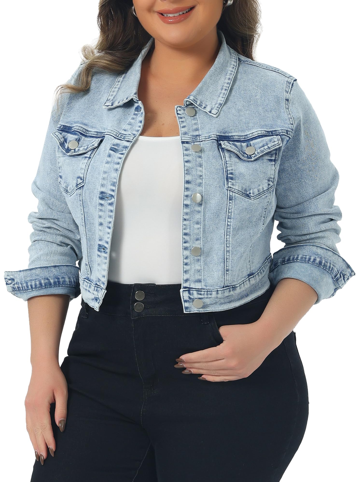 uxcell Women Plus Size Button Closed Cropped Denim Jacket 4X Light Blue Snow Wash Image