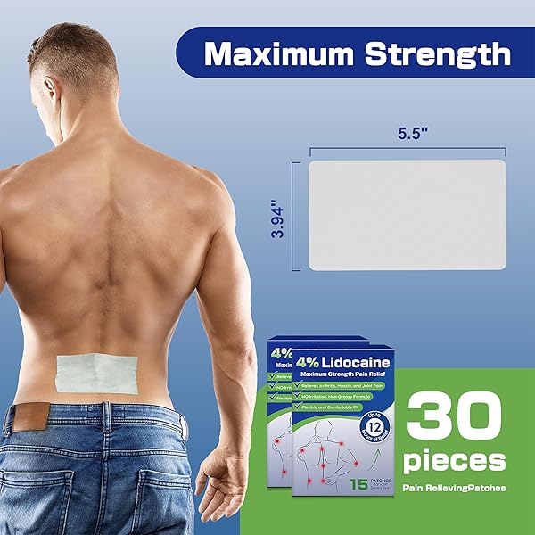 UPOSIUT 4% LIDOCAINE PAIN RELIEF PATCHES 30 COUNT – MAXIMUM STRENGTH, 12 HOUR LONG LASTING, FLEXIBLE & LOW ODOR, FOR BACK, NECK, KNEE & SHOULDER-A01