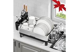 Dish Drying Rack, 304 Stainless Steel Dish Racks for Kitchen Counter, Dish Drainers with Automatic Drainage, Utensil Holder &