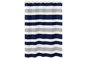 Sweet Jojo Designs Navy Blue, Gray and White Kids Bathroom Fabric Bath Teen Stripe Shower Curtain