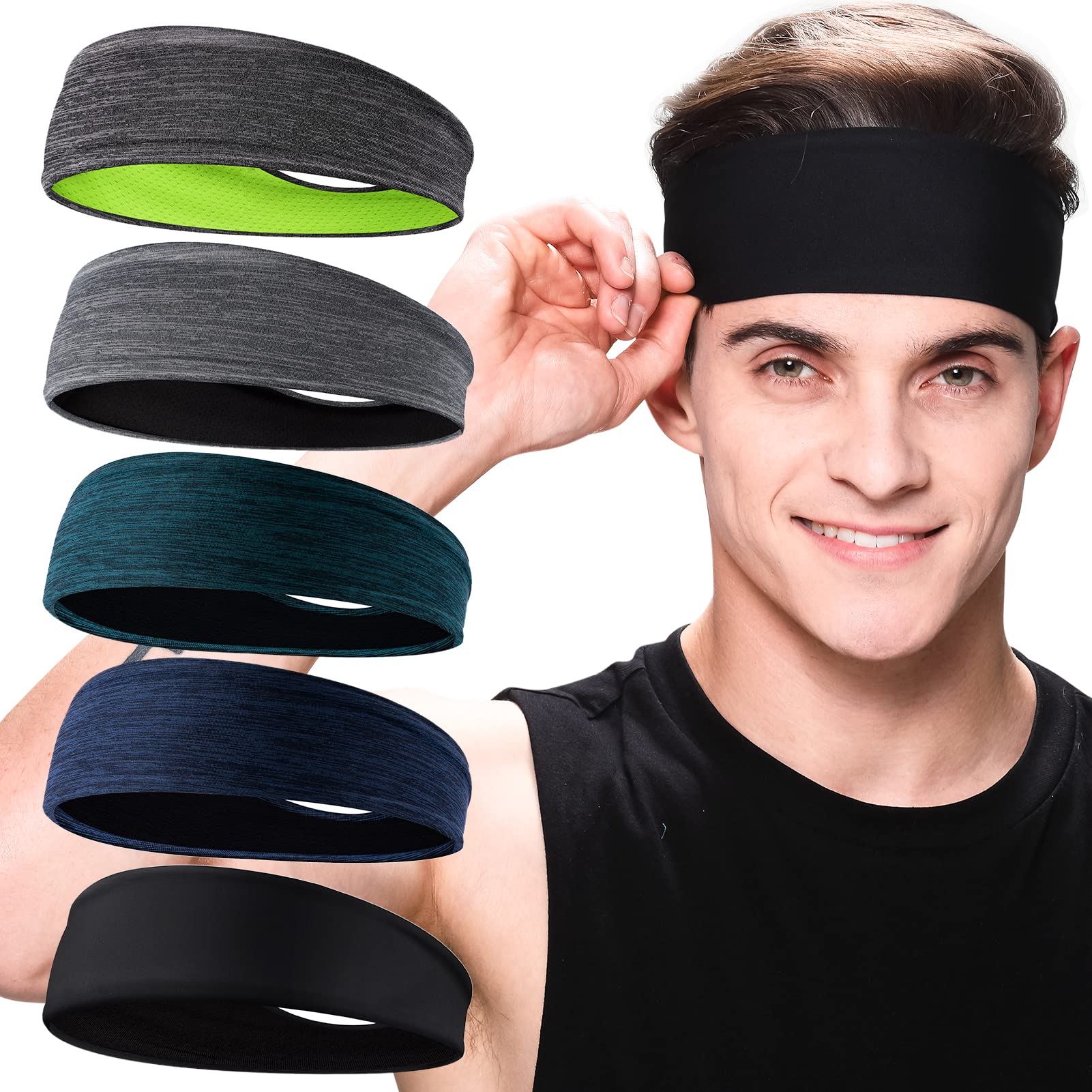 Braylin 5-Pack Men's Sport Headbands - Breathable, Sweat-Wicking, Elastic Stretch (1.5pcs Color-A)
