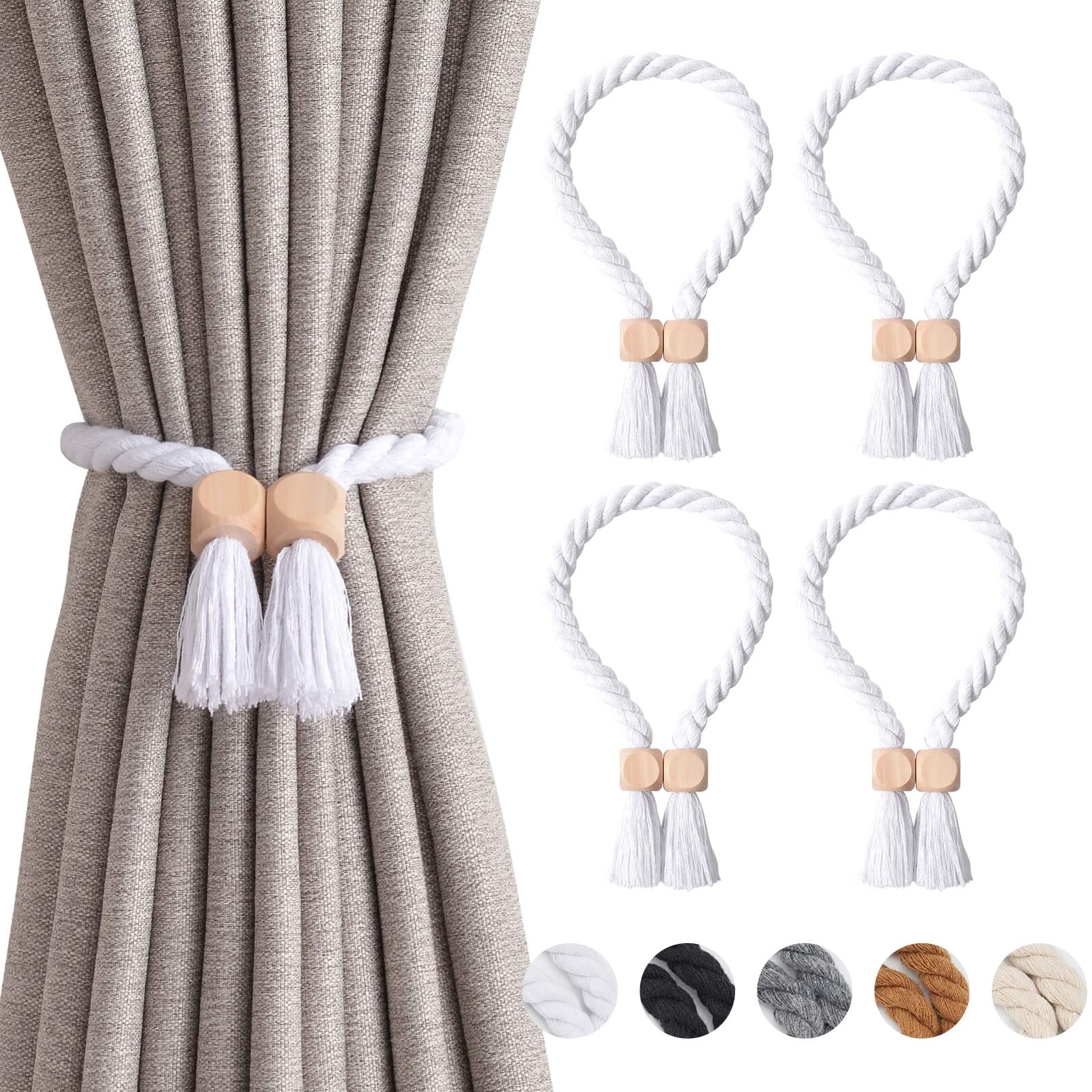 Pretty Jolly 4 Pack Wooden Cube Magnetic Curtain Tiebacks Boho Home Decor Drape Tie Backs Natural Cotton Hand Woven Rope Curtain Holdbacks for Thin & Thick Home & Office Window Draperies (White)