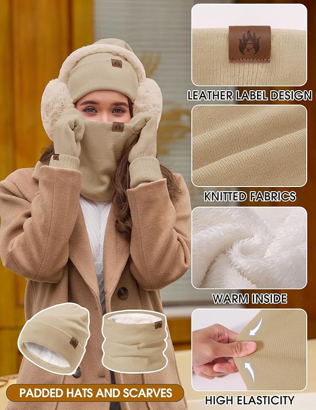 Gorro Bufanda y Guantes Set 5PCS Mujer Invierno Gorro Conjunto Sombreros Bufandas Cálida Caliente Pantalla táctil Guantes Orejeras de Felpa Calcetines Térmicos 5 Piezas Set (Caqui, One Size)