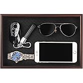 Zosenley Wooden Valet Tray with Leather Base - Nightstand Catchall Organizer for Cologne, Perfume, Keys, Wallet, Phone, Watch, Jewelry & Sunglasses (Black)