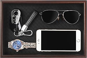 Zosenley Wooden Valet Tray with Leather Base - Nightstand Catchall Organizer for Cologne, Perfume, Keys, Wallet, Phone, Watch, Jewelry & Sunglasses (Black)