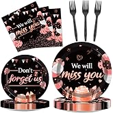 96pcs We Will Miss You Party Paper Plate and Napkin Farewell Party Decorations Going Away Party Disposable Dinner Tableware Black and Pink Goodbye Party Supplies for Leaving Retirement Party 24 Guests