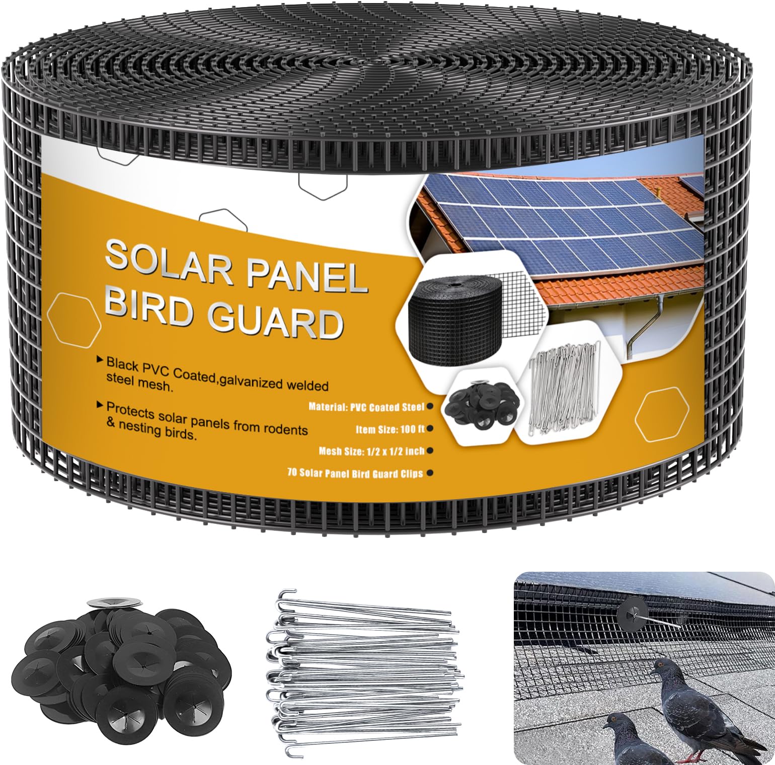 Photo 1 of Solar Panel Bird Guard,6in x 100ft Critter Guard Roll Kit for Roof Protection Net Wire Screen,Rust-Proof Black PVC Coated Galvanized Net Pigeon Mesh with 70 Fastener Clips for Bird,Animal Control