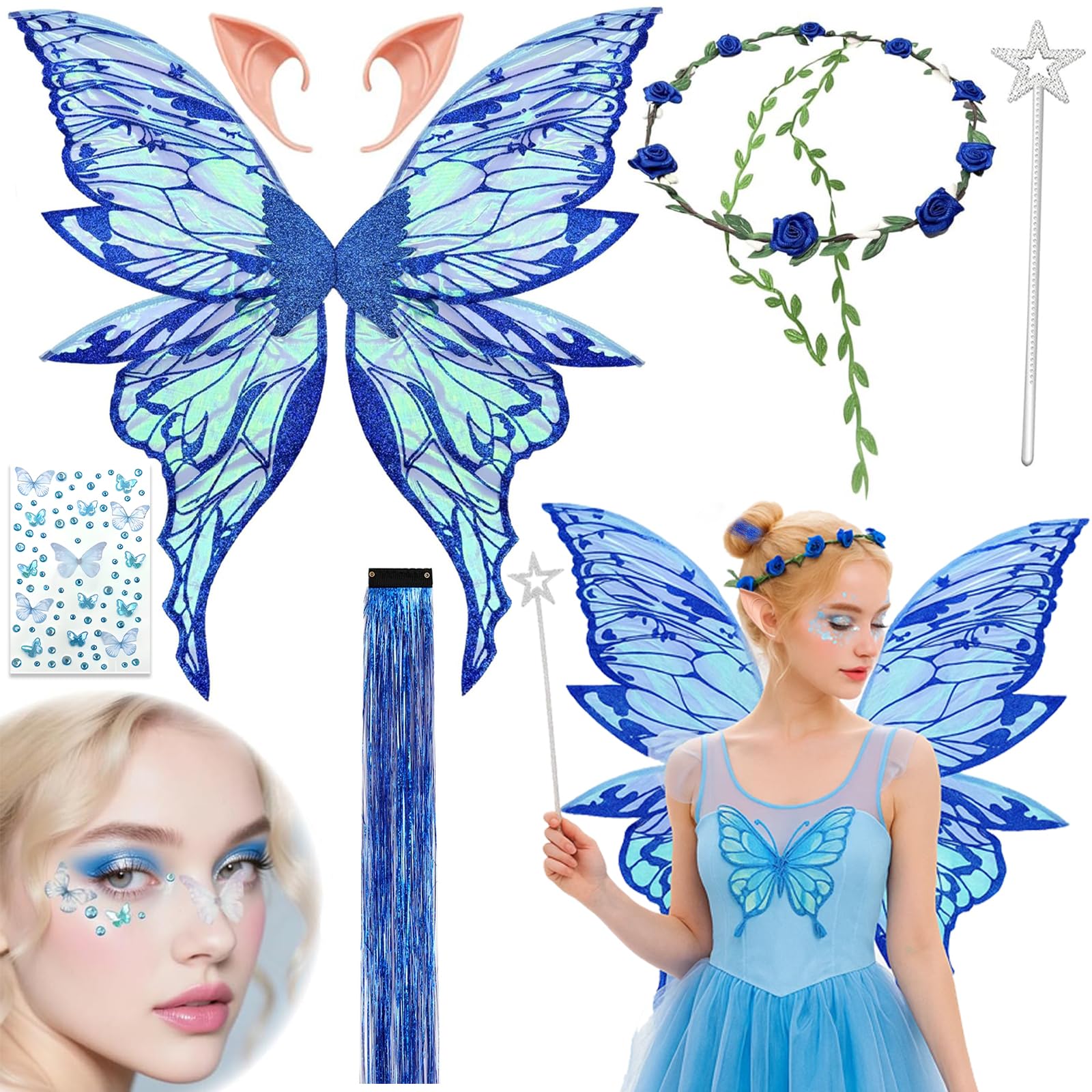 Fairy Wings, Butterfly Wings for Adults, 6 PCS Angel Wings with Sparkling Sheer Wings Flower Headband Elf Ears Star Wand Hair and Stickers, Fairy Wings Adult for Halloween Cosplay for 14+