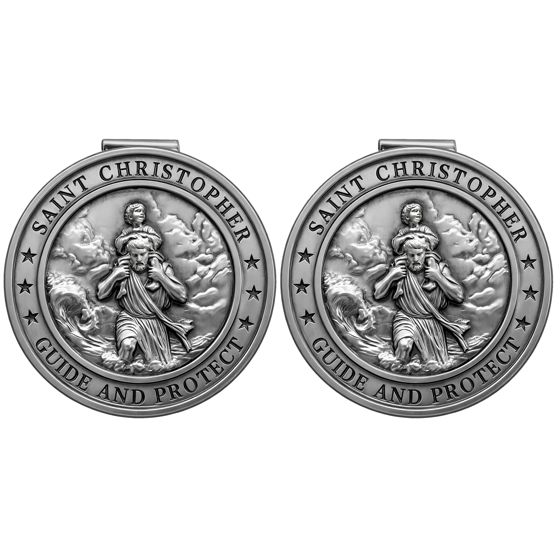 Photo 1 of PloreWay St. Christopher Medal for Car, Metal Saint Christopher Visor Clip 2 Pack, Talisman for Safety, Automotive Visor Accessories, Gift for Drivers, Families, Friends