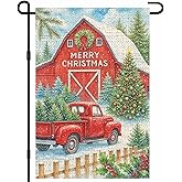 IVN Merry Christmas Red Truck Barn Garden Flag 12x18 Inch Double Sided Small Burlap Holiday Blue Yard Flag for Outside Winter Xmas Decor