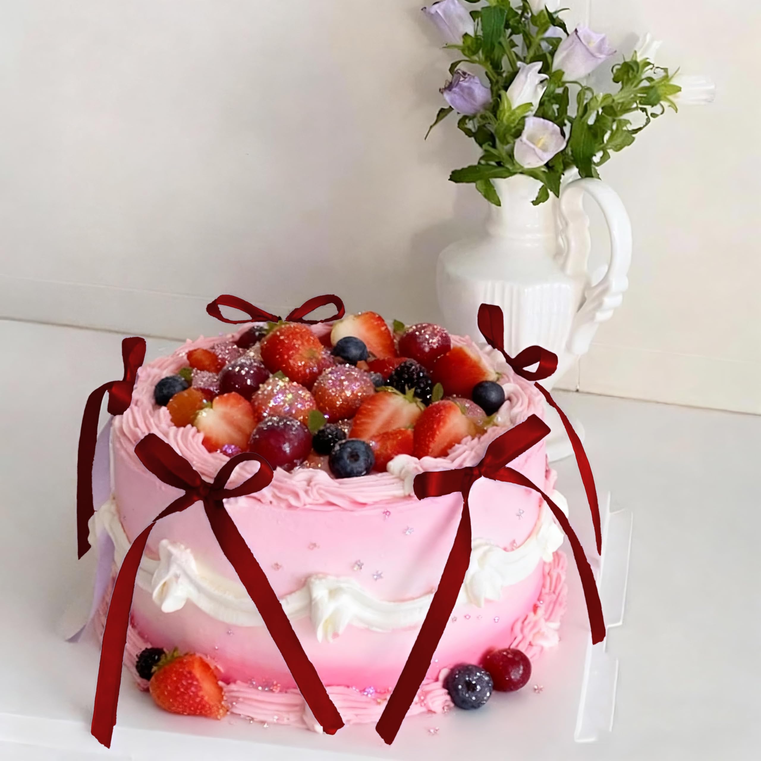 Photo 1 of 20 Pcs Burgundy Bow Cake Toppers, Elegant Wedding Cupcake Decorations, Fall Christmas Birthday Party Decor Supplies