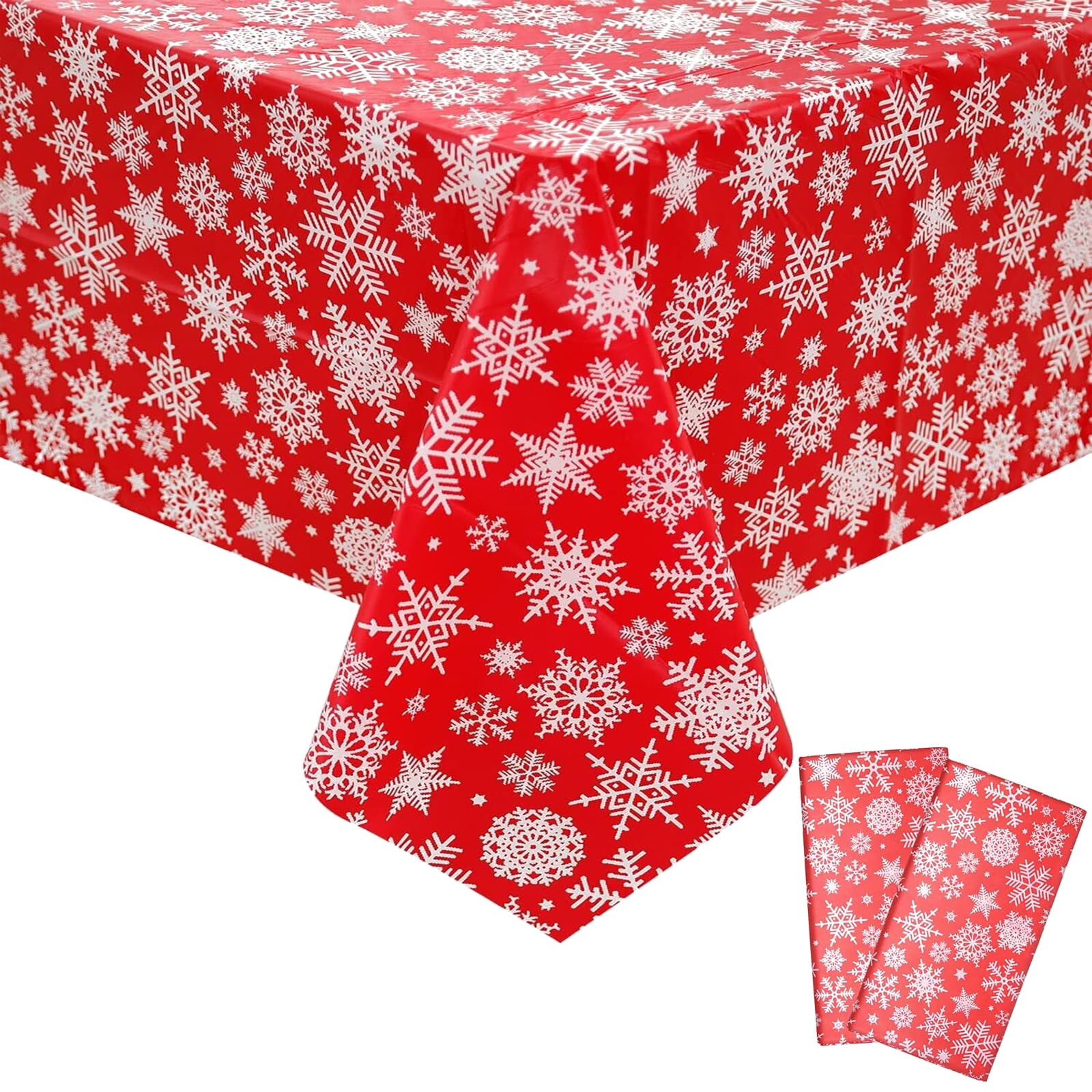 Christmas Table Cloth, 2pcs 137 * 274cm Christmas Table Cloth Rectangular Red Table Cloth Snowflakes Plastic Waterproof, Red Christmas Table Cloth for Christmas Table Decor Winter Party Table Decor