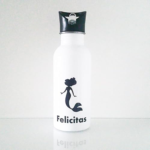 Moderne Trinkflasche weiß aus Edelstahl mit Motivaufdruck und Namen personalisiert. Perfekt für den Kindergarten, die Schule oder für den Ausflug. Cooles Design, zeitlos, modern und schlicht.