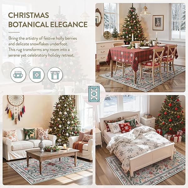 LAHOME 5X7 CHRISTMAS RUG FOR LIVING ROOM, BOHO SOFT RUGS FOR BEDROOM DECOR AESTHETIC, WASHABLE HOLLY BERRIES AREA RUG FOR DINING ROOM FIREPLACE APARTMENT RUSTIC DECOR