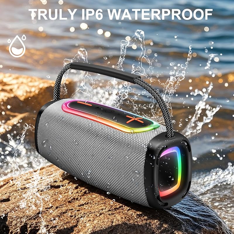 Altavoz Bluetooth portátil, 36 horas de tiempo de reproducción, batería de 6000 mAh, Bluetooth 5.4, sonido estéreo fuerte, graves amplificados, protección contra salpicaduras IP6, luz LED, caja de — foto 3 de 7
