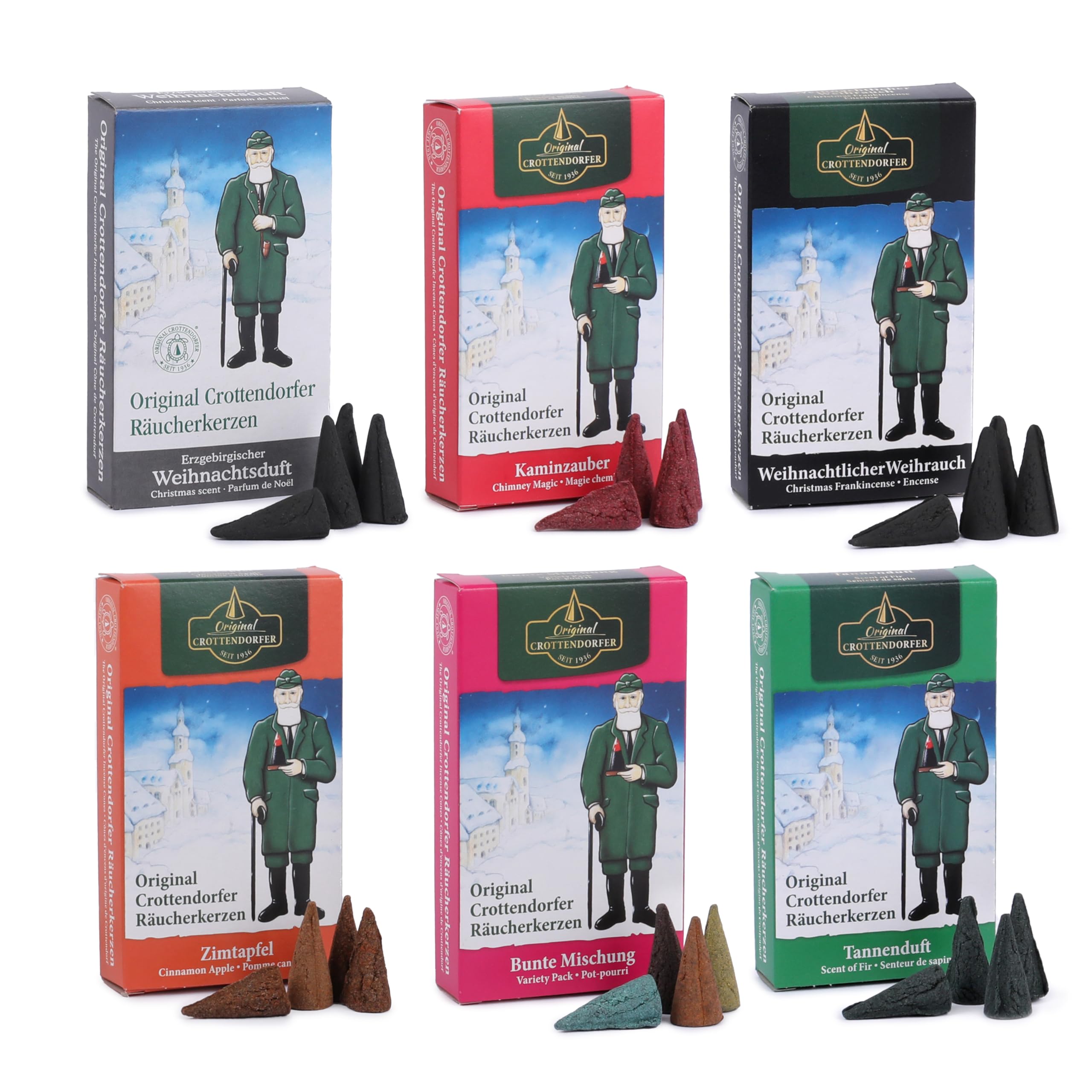 Crottendorfer Incense Cones Christmas Fragrances Pack of 6 (6 x 24 Pieces) - Christmas Incense, Fireplace Magic, Colourful Mix, Fir Fragrance, Cinnamon Apple, Advent Fragrance - Height 2.7 cm