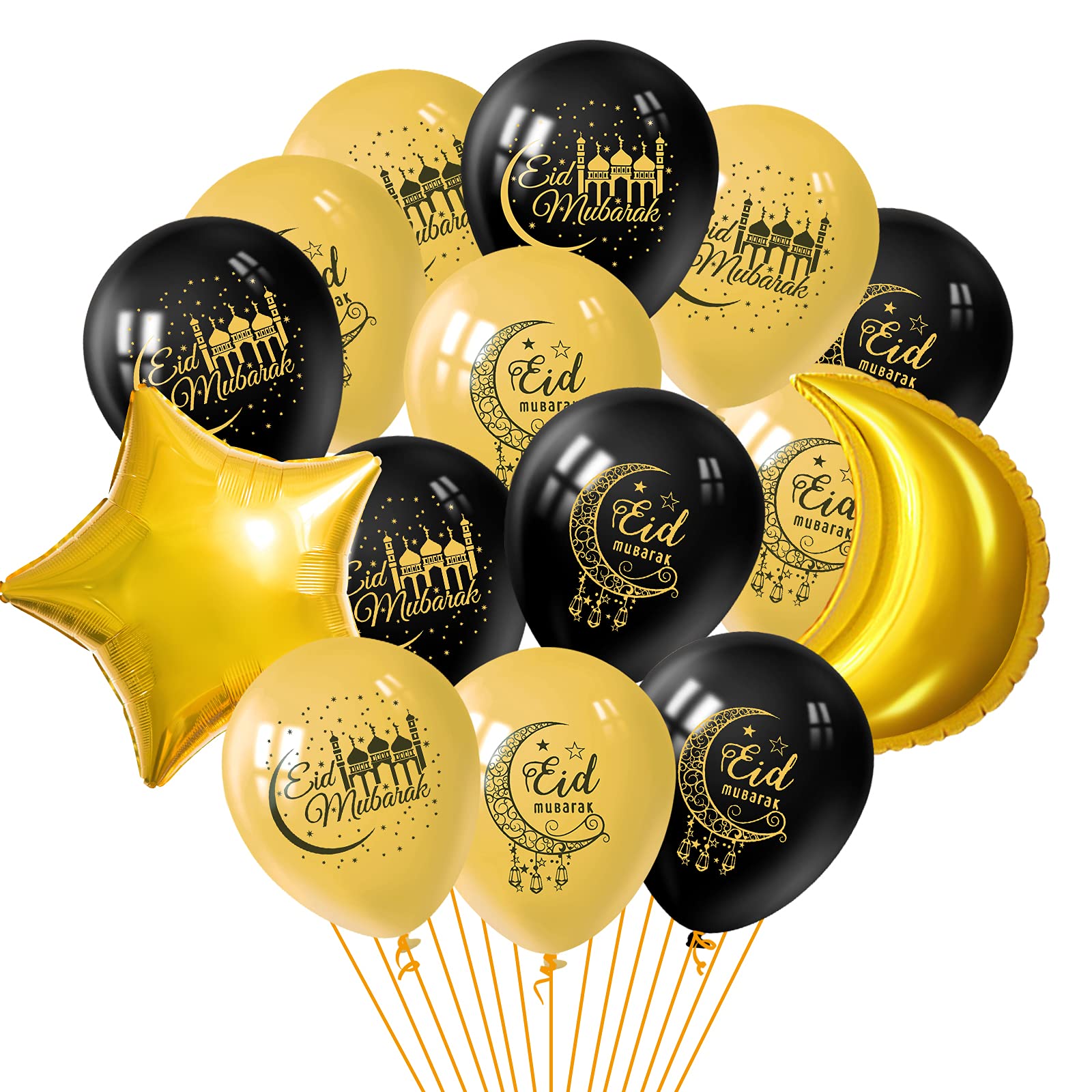 PLULON 15Pcs Eid Mubarak Balloons Ramadan Mubarak Decorations, Black and Gold Eid Mubarak Latex Balloons, Foil Star Balloon Foil Moon Balloon for Muslim Ramadan Party Decorations Home Holiday Decor