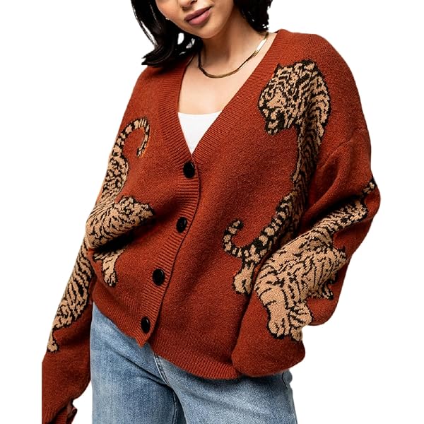 Tiger Print Cardigan Sweaters for Women Button Up Y2k Knitted