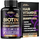 NUTRAHARMONY Biotin | Collagen | Hyaluronic Acid | Keratin - Support Normal Hair Growth Cycle - Skin & Nails - 25000mcg Vitamins B1, B2, B3, B6 & B7 - for Women & Men - Made in USA | 60 Capsules