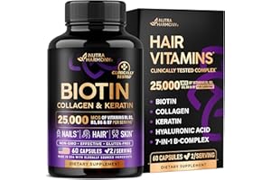 NUTRAHARMONY Biotin | Collagen | Hyaluronic Acid | Keratin - Clinically Tested Supplement** - Hair Growth Support, Skin & Nails - 25000mcg Vitamins B1, B2, B3, B6 & B7 - for Women & Men - Made in USA | 60 Capsules